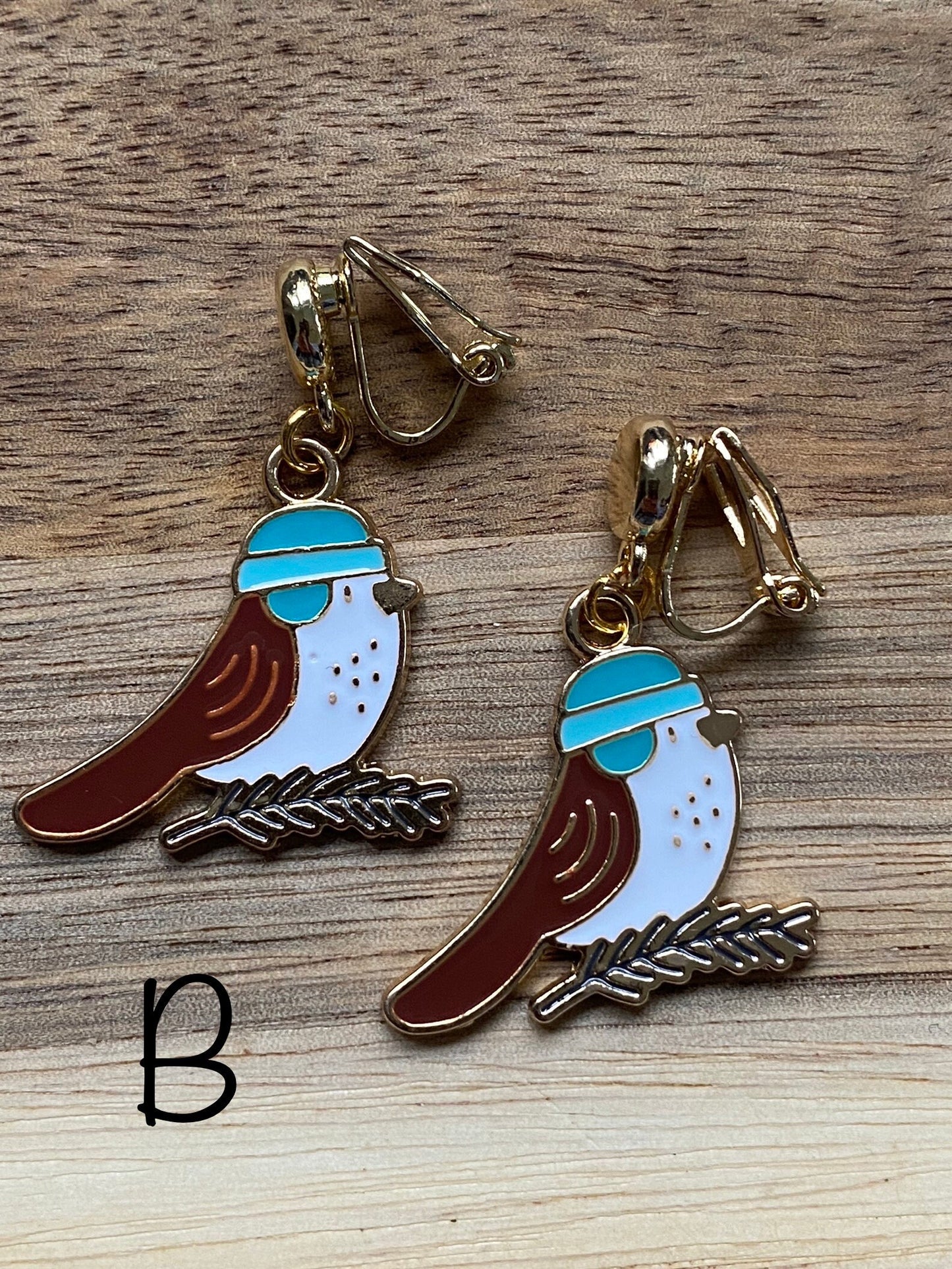 Dangling Winter bird Clip on earrings, adorable birds wearing hats, Christmas bird earrings