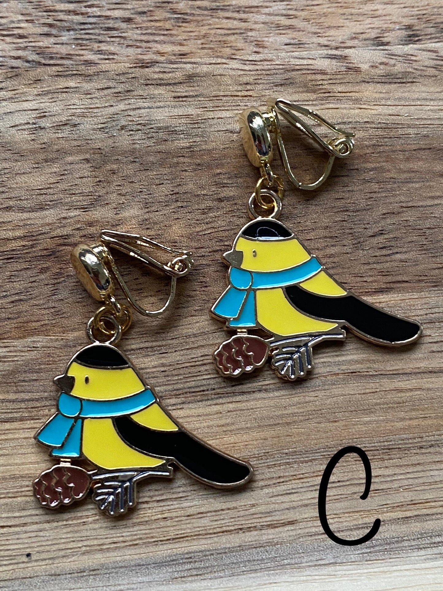 Dangling Winter bird Clip on earrings, adorable birds wearing hats, Christmas bird earrings