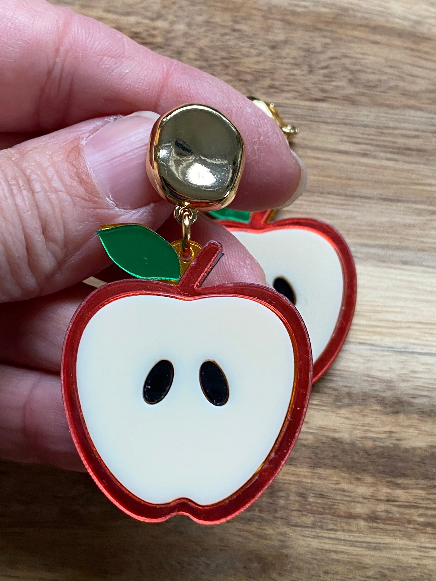 Dangling apple pendant clip on earrings, large apple earrings, novelty clip on earrings