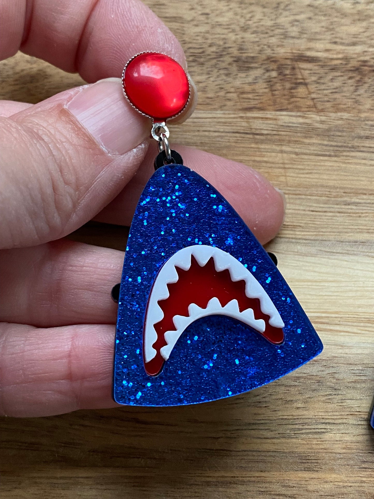 Large glitter shark clip on earrings | giant plastic shark earrings