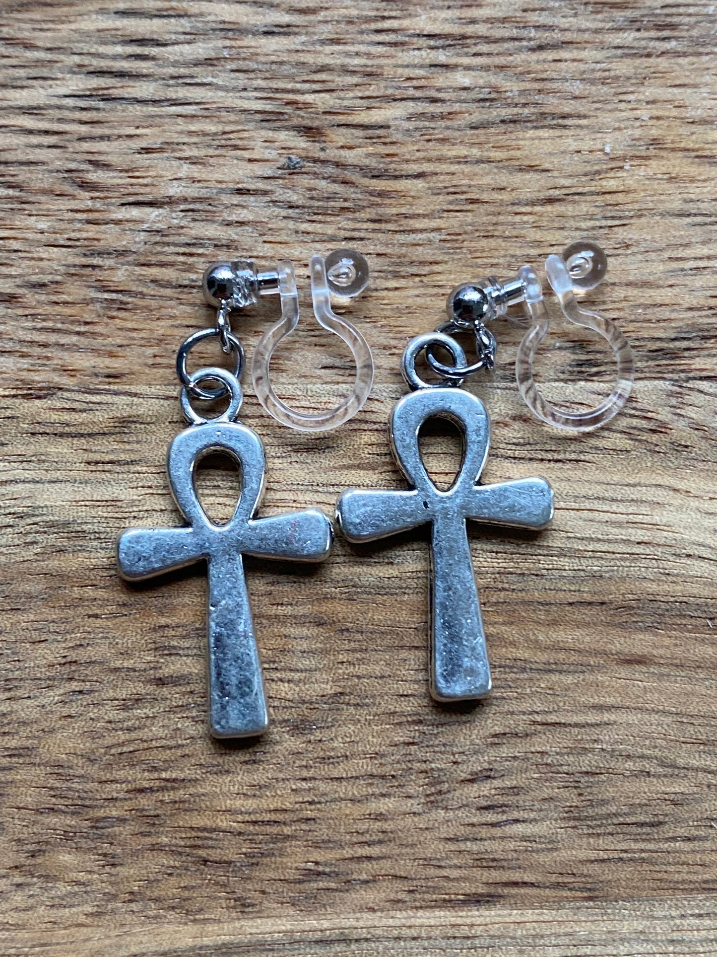 dangling ankh invisible clip on earrings