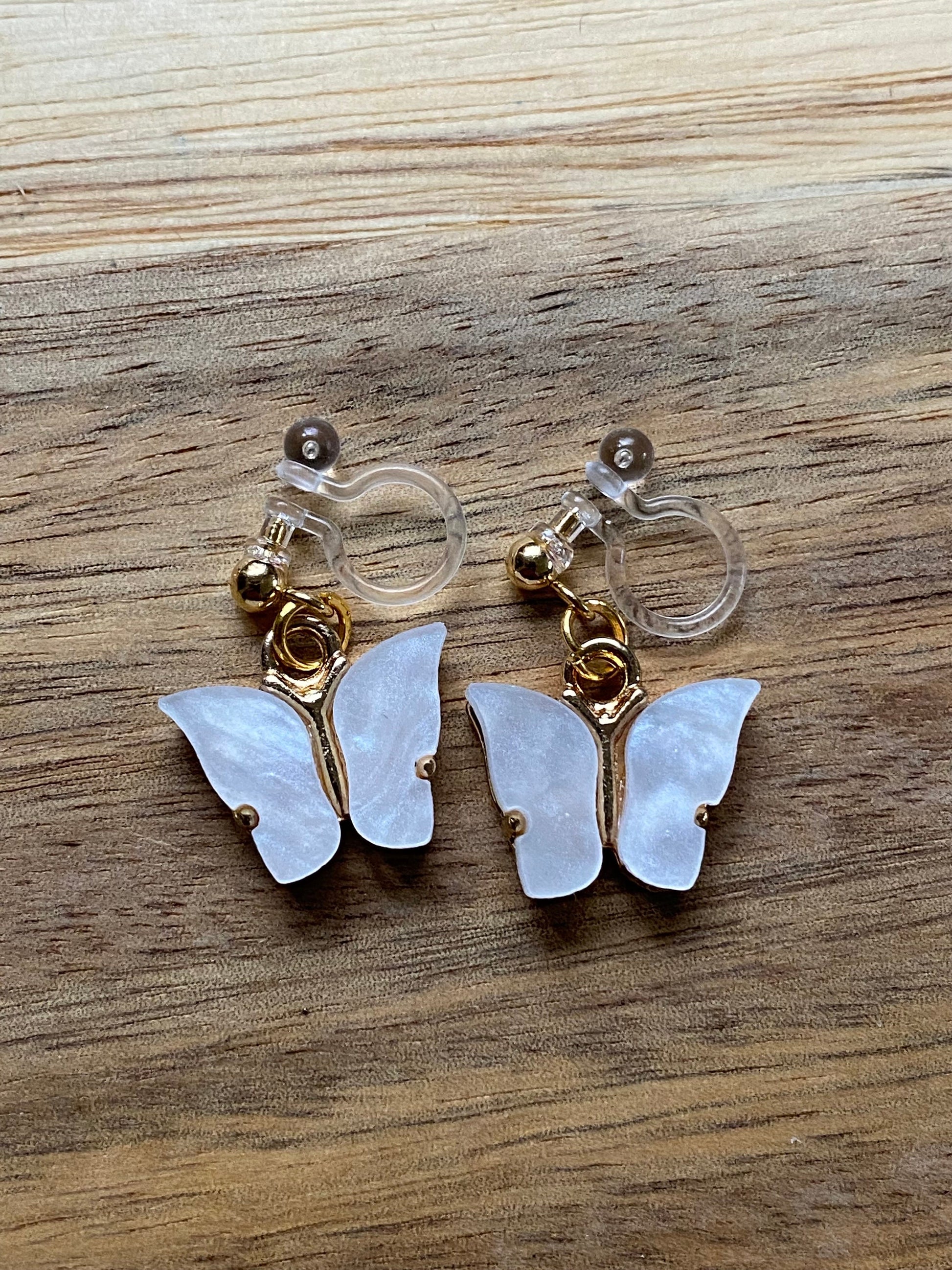 tiny dangling butterfly clip on earrings, invisible clip on earrings