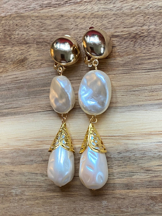 Handmade Dangling beaded faux pearl boho clip on earrings