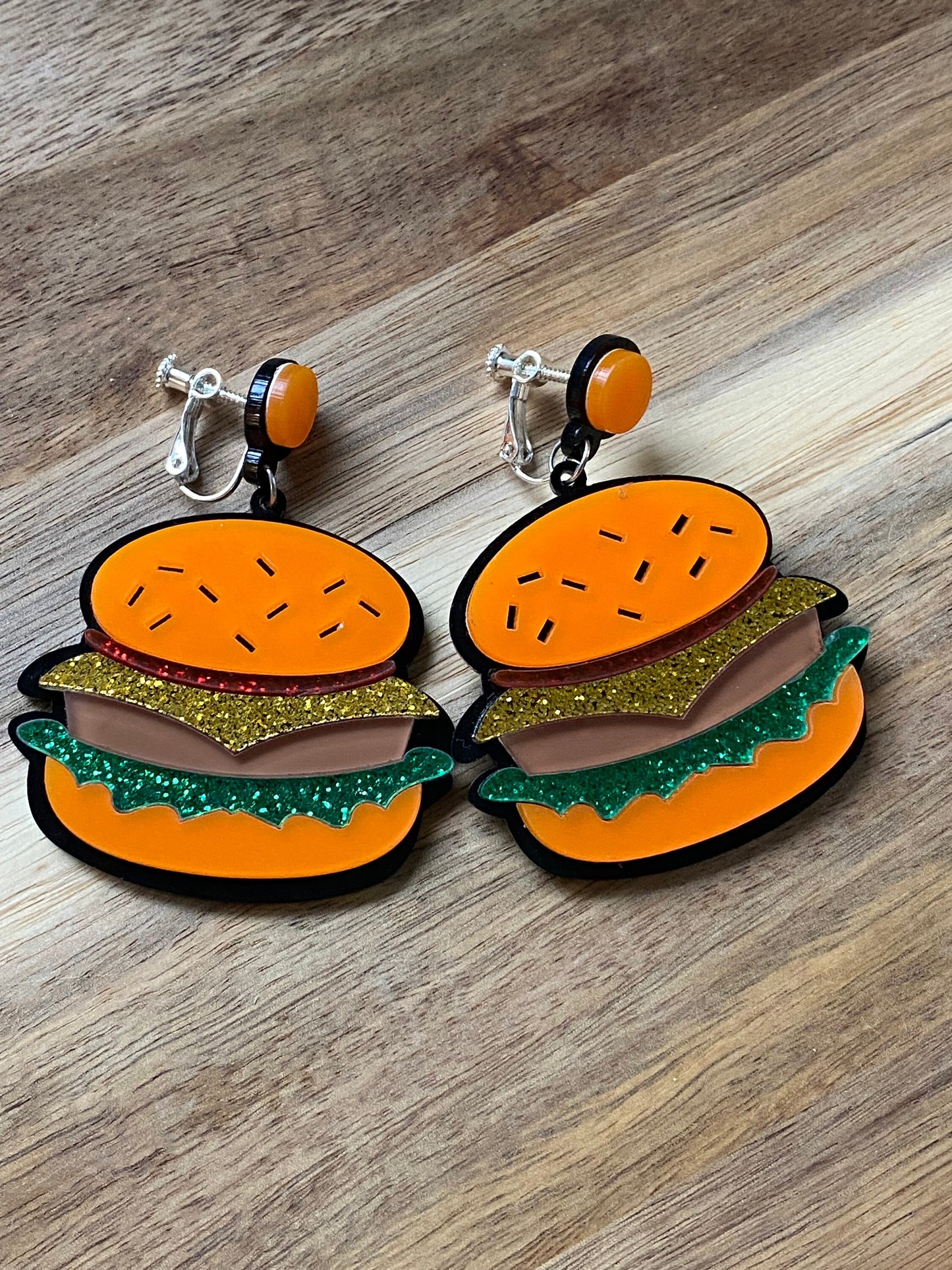 Dangling hamburger clip on earrings, screwback glitter food novelty earrings