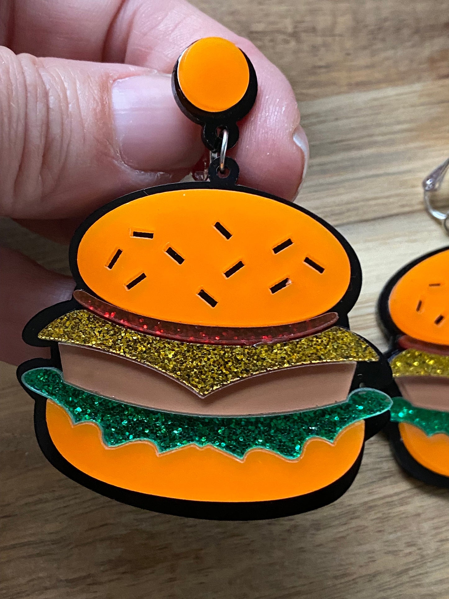 Dangling hamburger clip on earrings, screwback glitter food novelty earrings