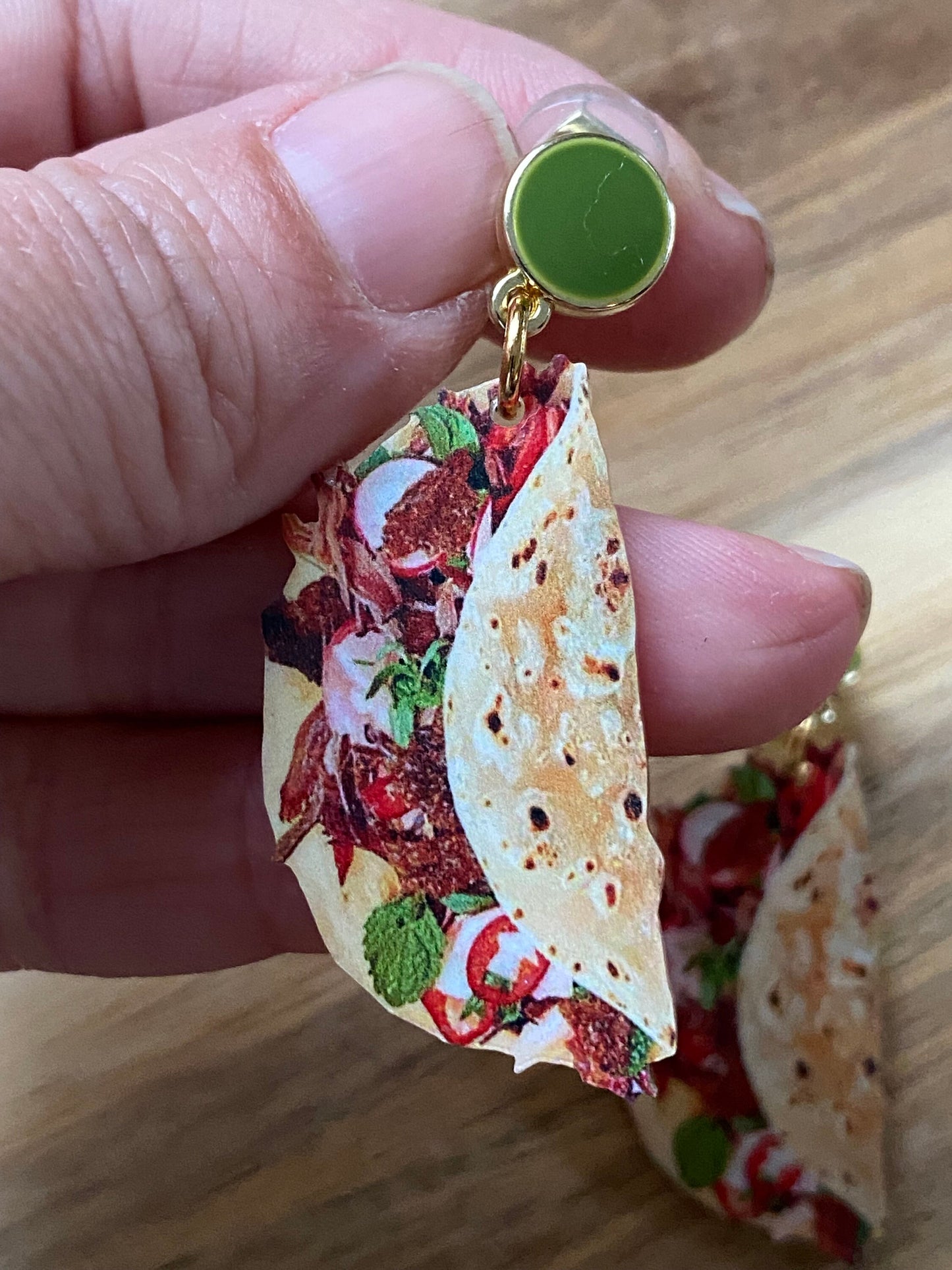 Dangling taco or burrito clip on earrings, nonpierce food novelty earrings