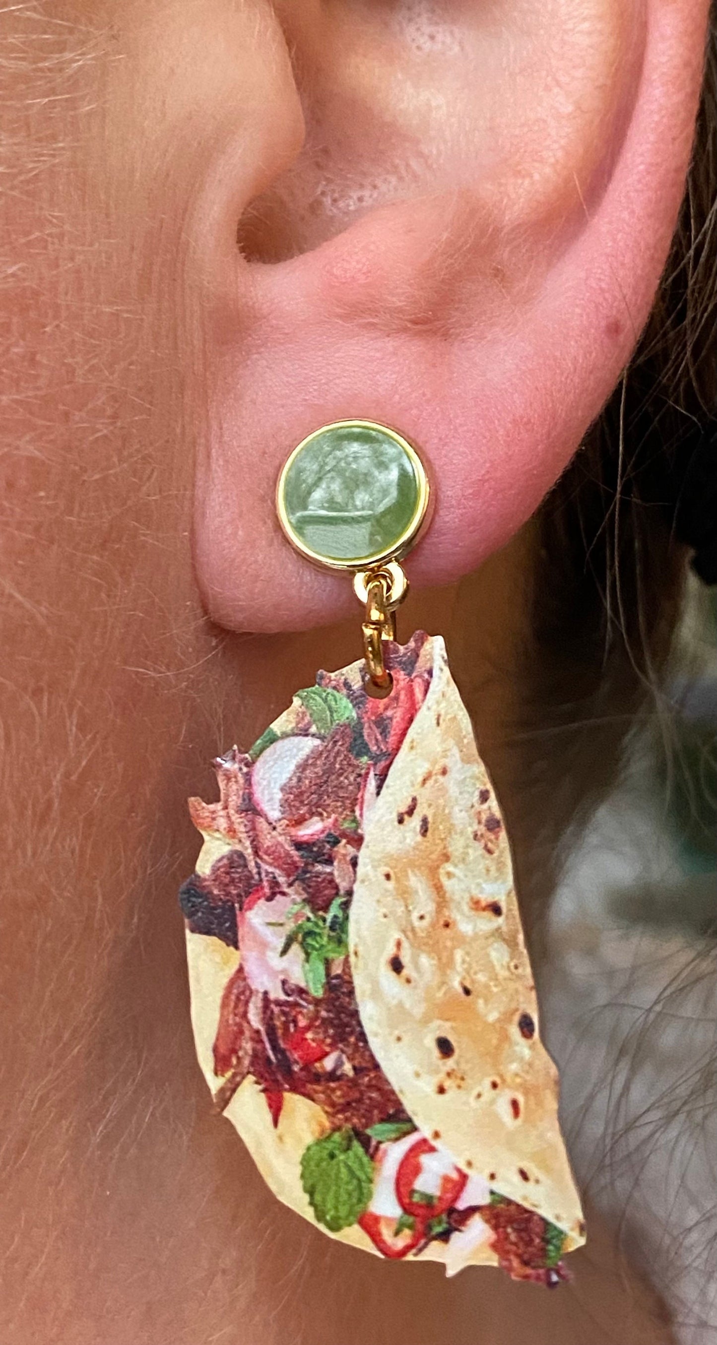 Dangling taco or burrito clip on earrings, nonpierce food novelty earrings