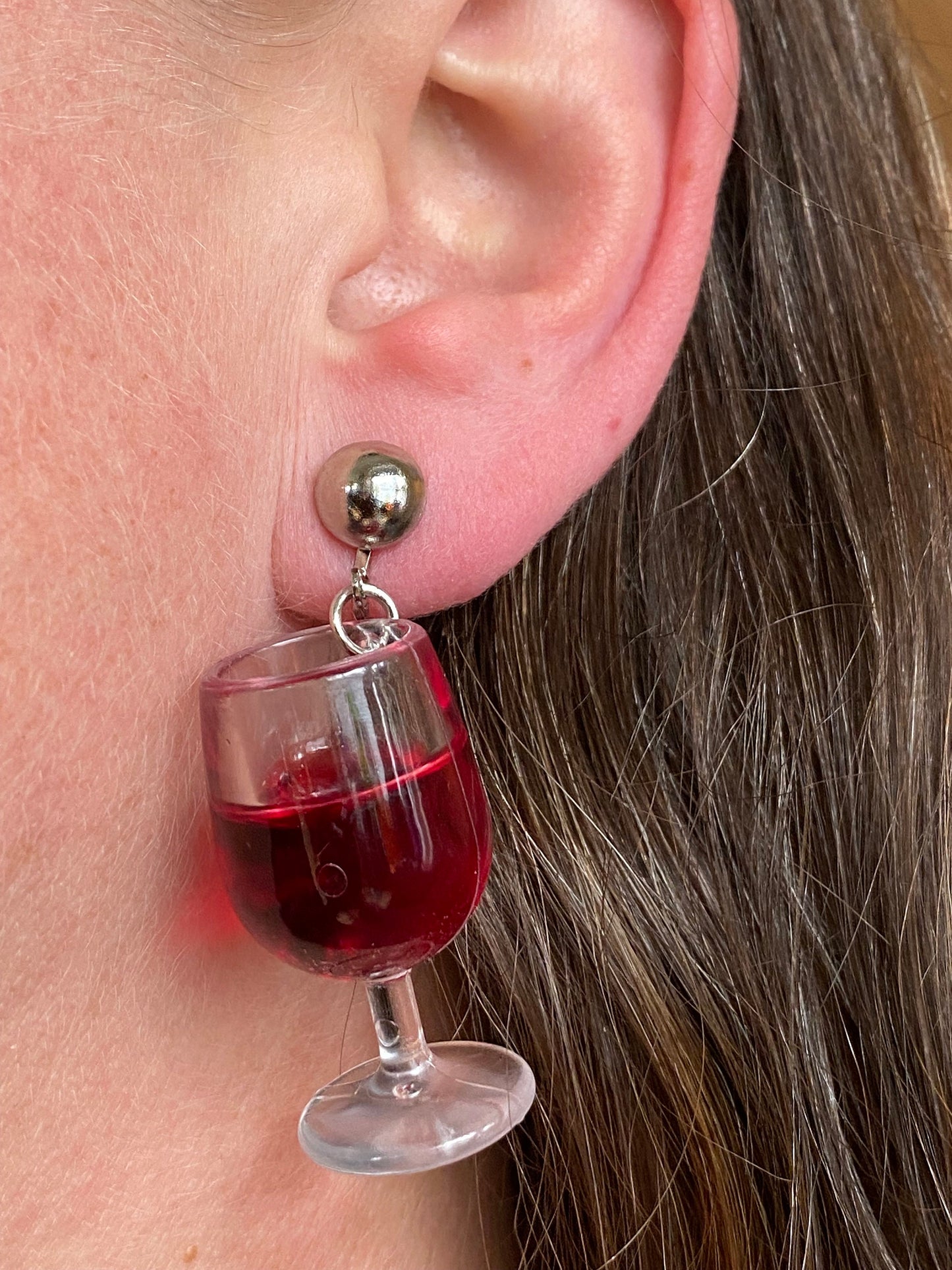 Dangling 3D wineglass clip-on earrings, cute screwback earrings, funny gift, fun earrings