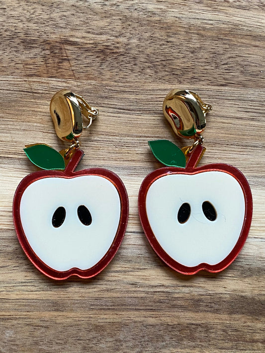 Dangling apple pendant clip on earrings, large apple earrings, novelty clip on earrings