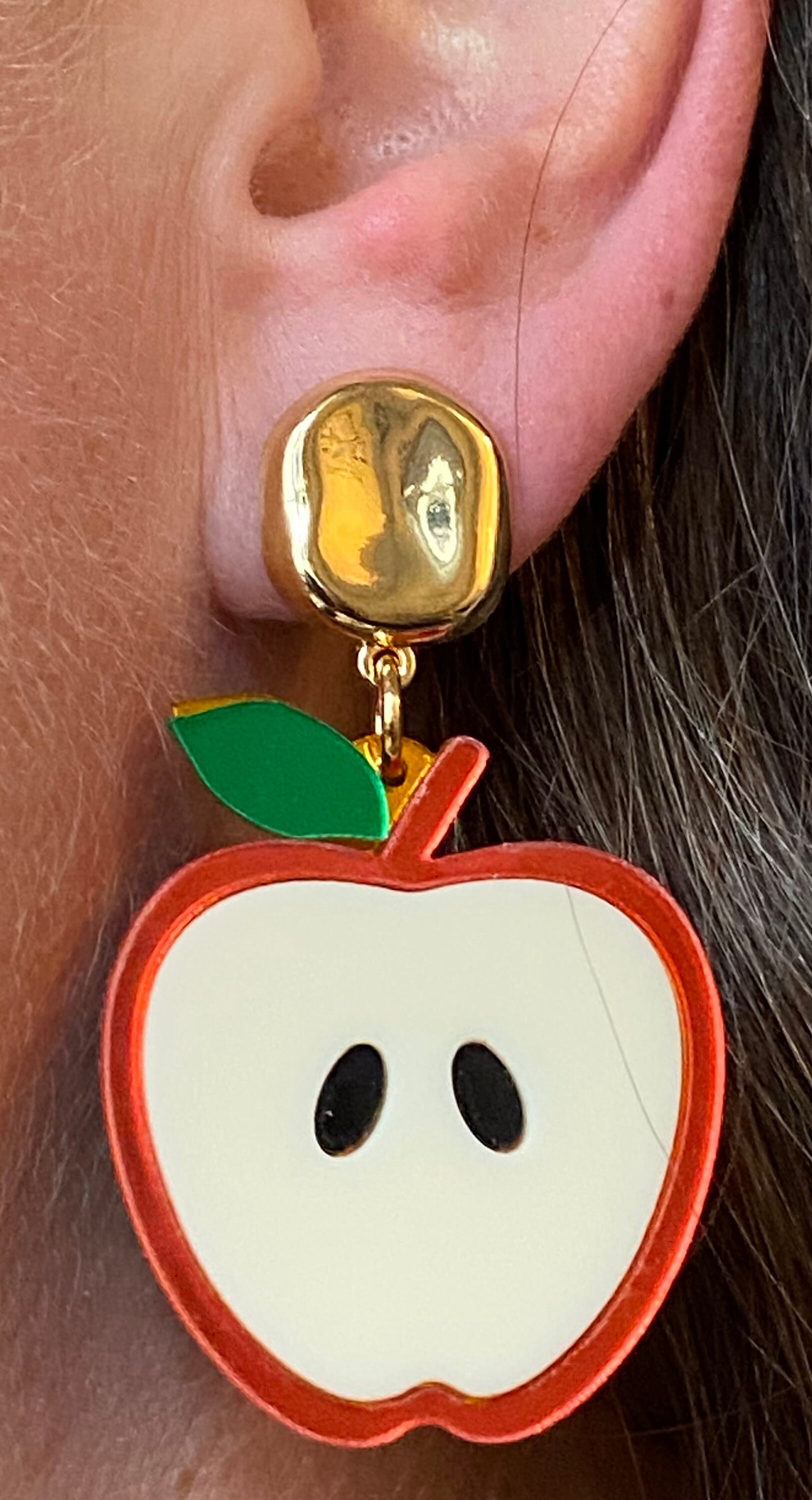 Dangling apple pendant clip on earrings, large apple earrings, novelty clip on earrings