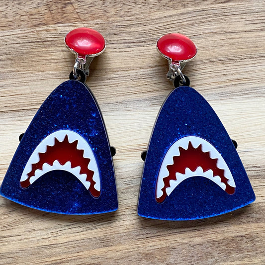 Large glitter shark clip on earrings | giant plastic shark earrings