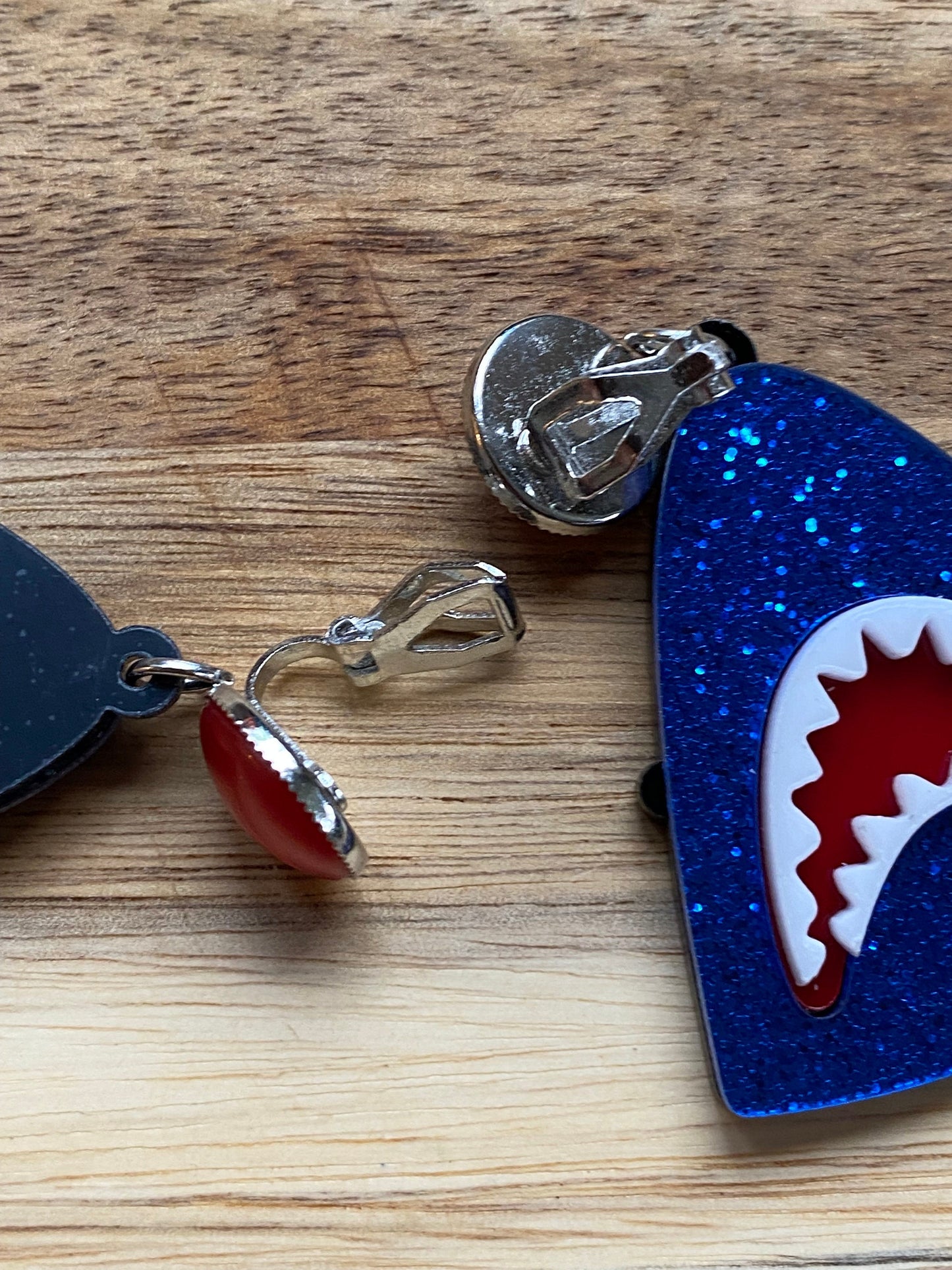 Large glitter shark clip on earrings | giant plastic shark earrings