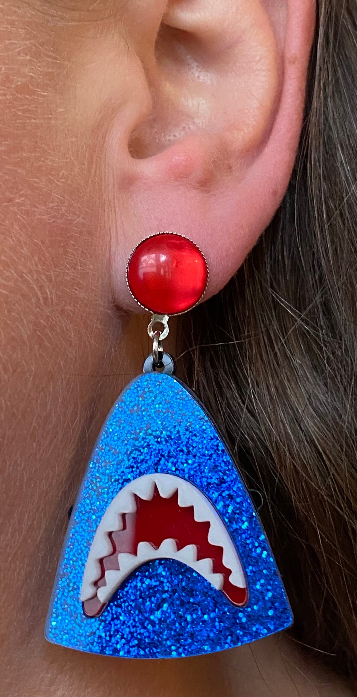 Large glitter shark clip on earrings | giant plastic shark earrings