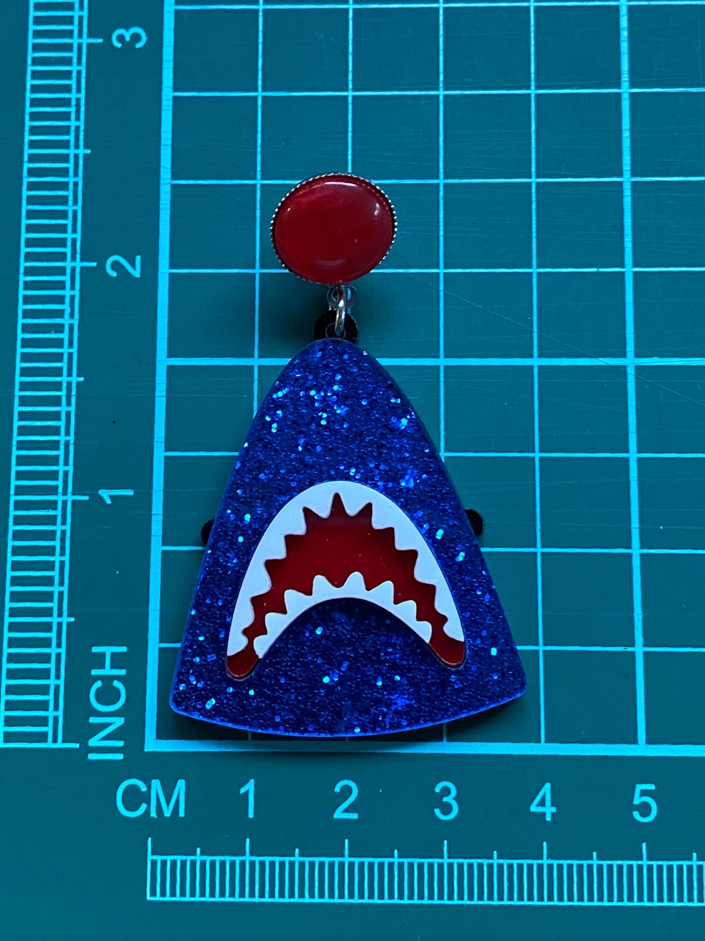 Large glitter shark clip on earrings | giant plastic shark earrings