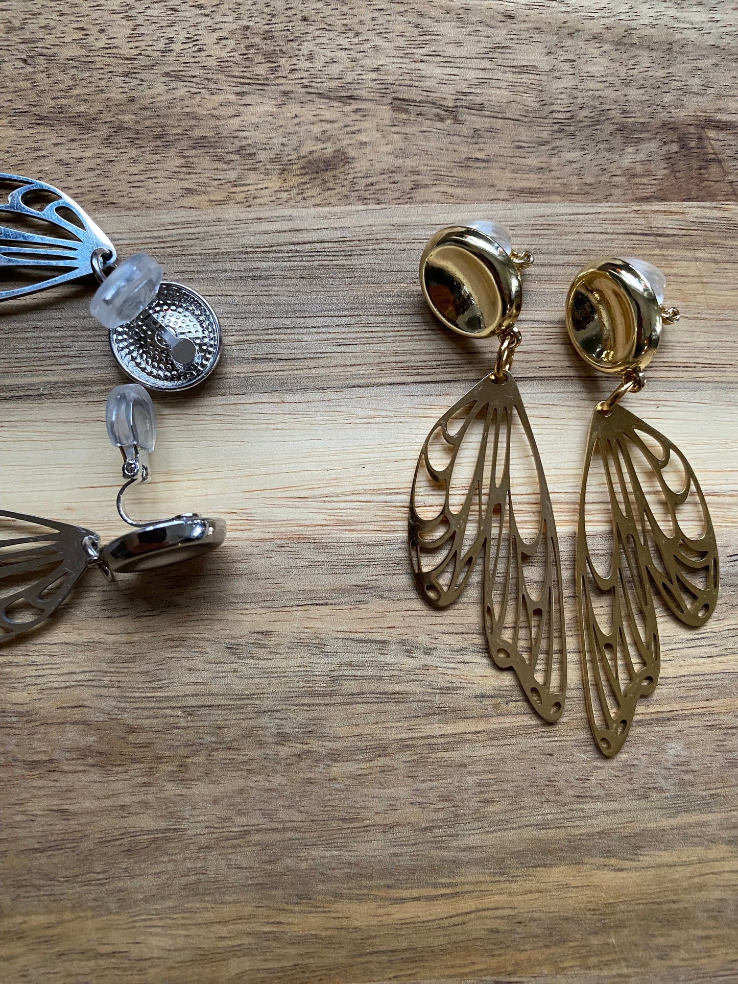 Dangling clip on gold butterfly wing clip on earrings  | silver butterfly earrings