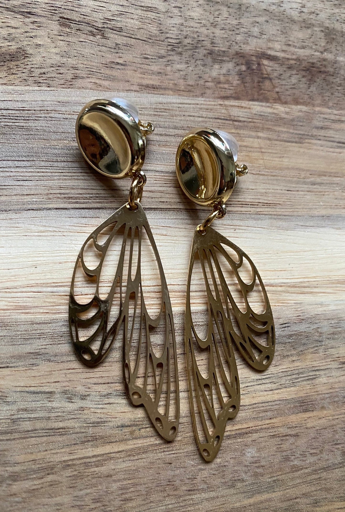 Dangling clip on gold butterfly wing clip on earrings  | silver butterfly earrings