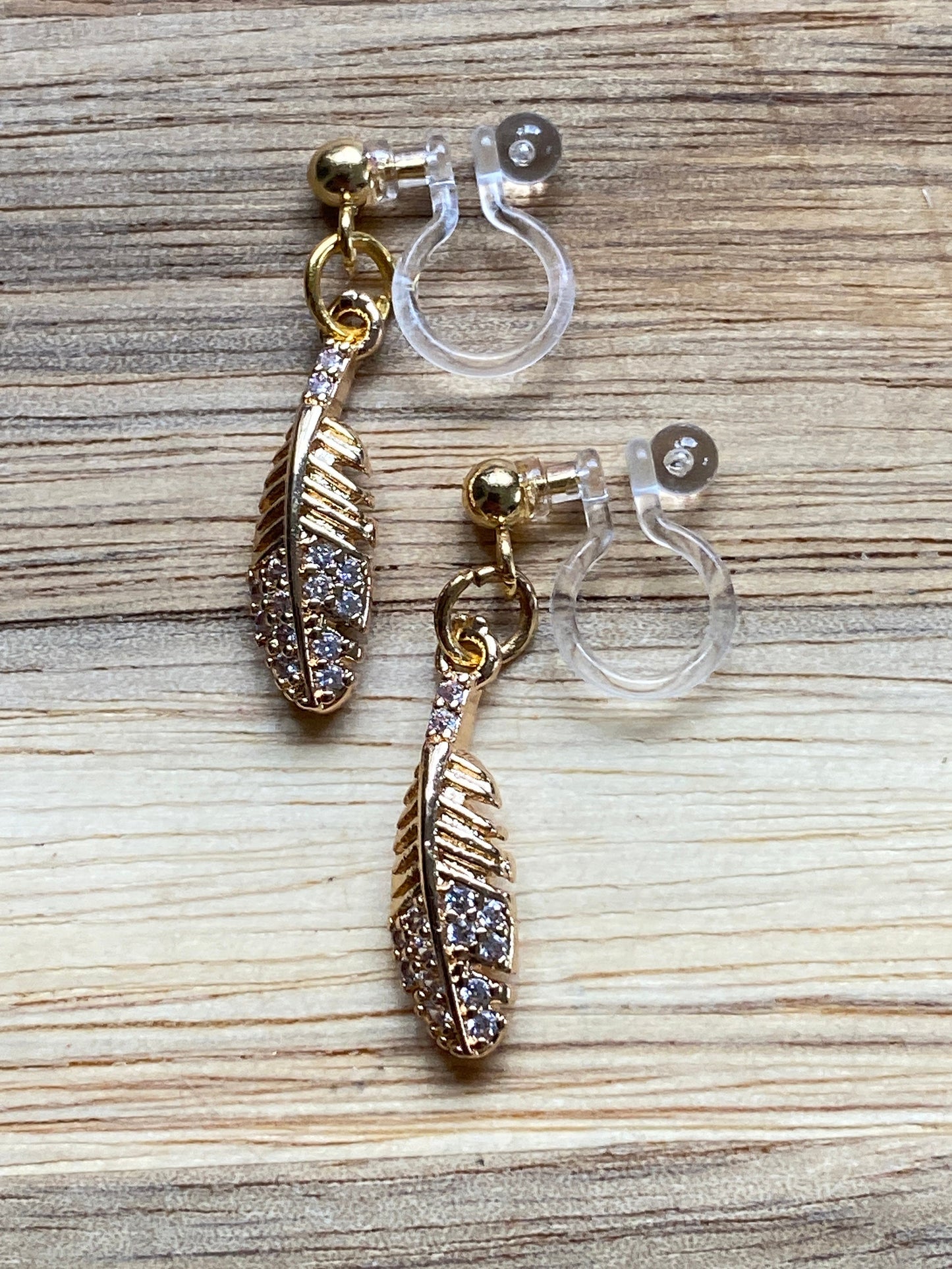 dangling rhinestone feather clip on earrings, invisible clip on earrings