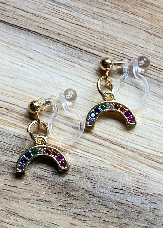 dangling rhinestone rainbow clip on earrings, invisible clip on earrings