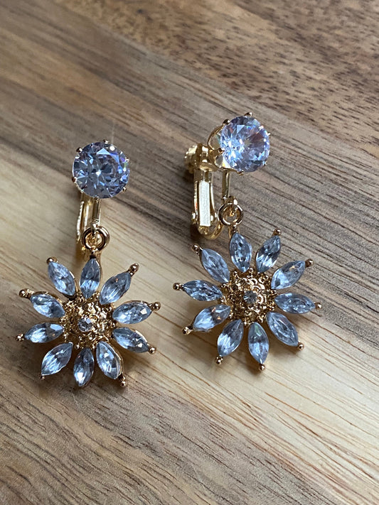 Dangling rhinestone daisy screwback earrings (no piercing | clip on)