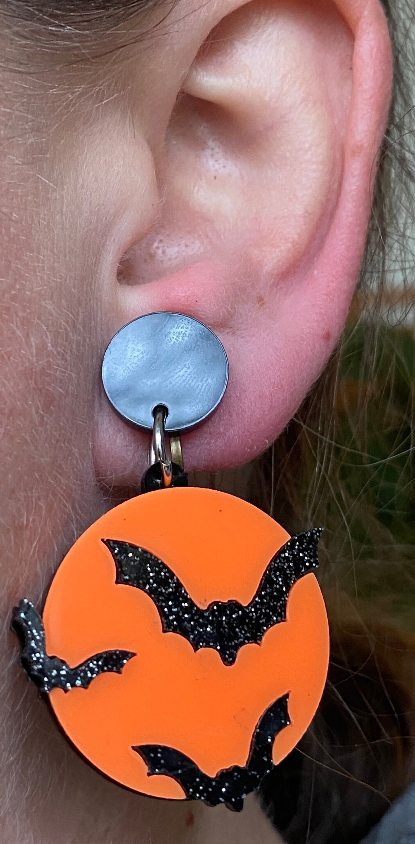 Dangling bats and orange moon clip on earrings (no piercing | screwback)