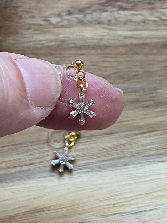 Tiniest dangling rhinestone flower invisible clip on earrings, earrings on plastic closures