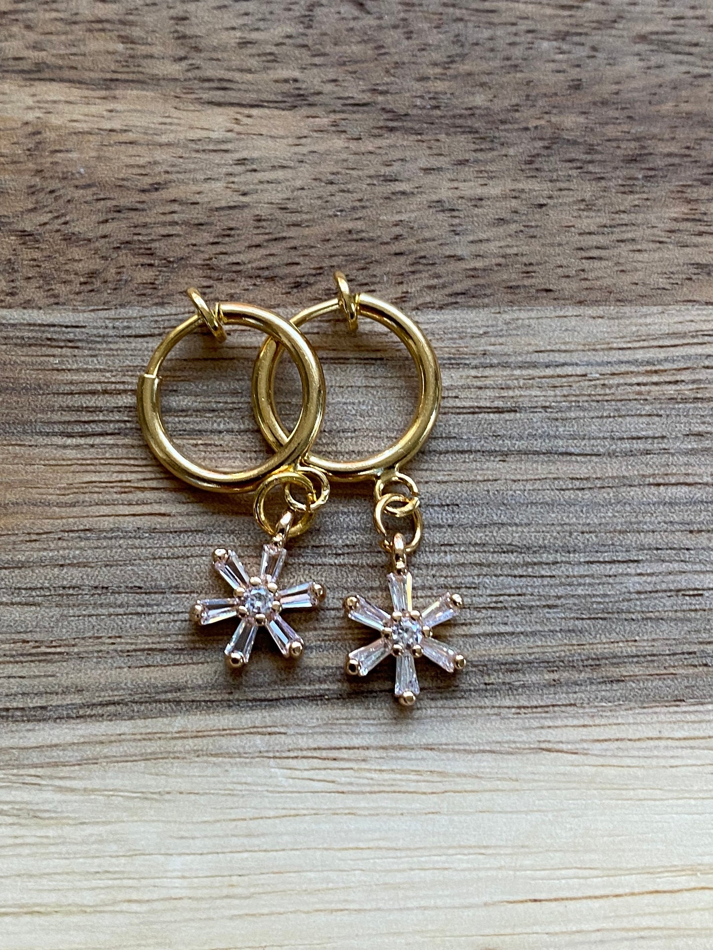 Tiniest Sparkling daisy pendant clip on earrings with rhinestone pavers (spring hoop)