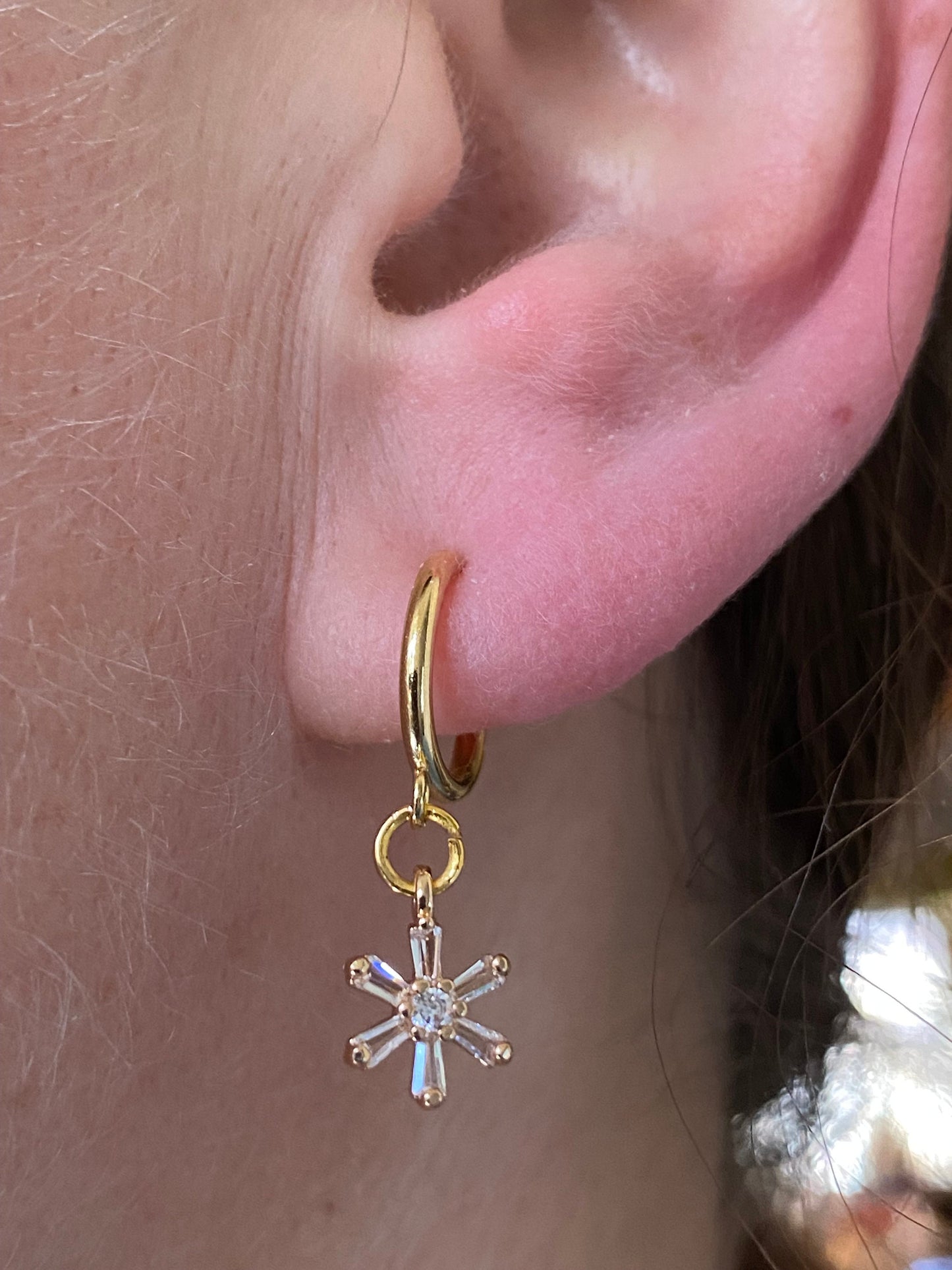 Tiniest Sparkling daisy pendant clip on earrings with rhinestone pavers (spring hoop)