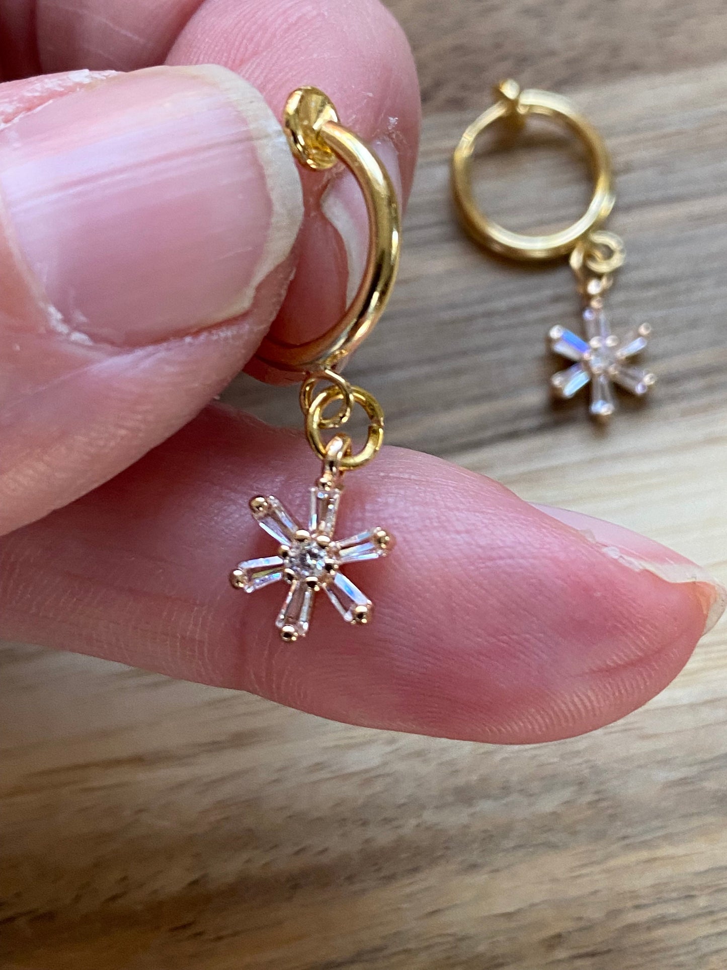 Tiniest Sparkling daisy pendant clip on earrings with rhinestone pavers (spring hoop)