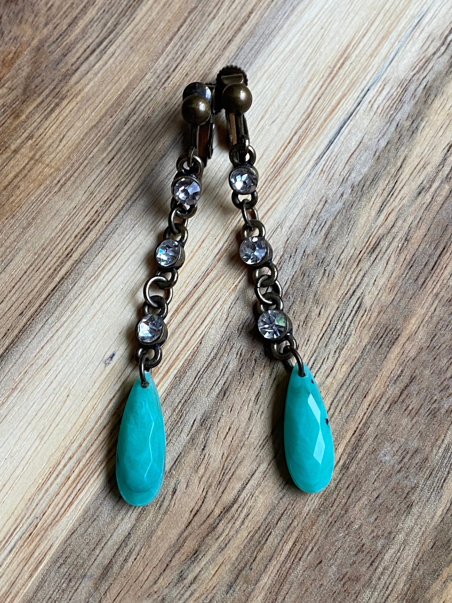 Dangle Clip-on earrings, turquoise and rhinestone bronze clip on earrings