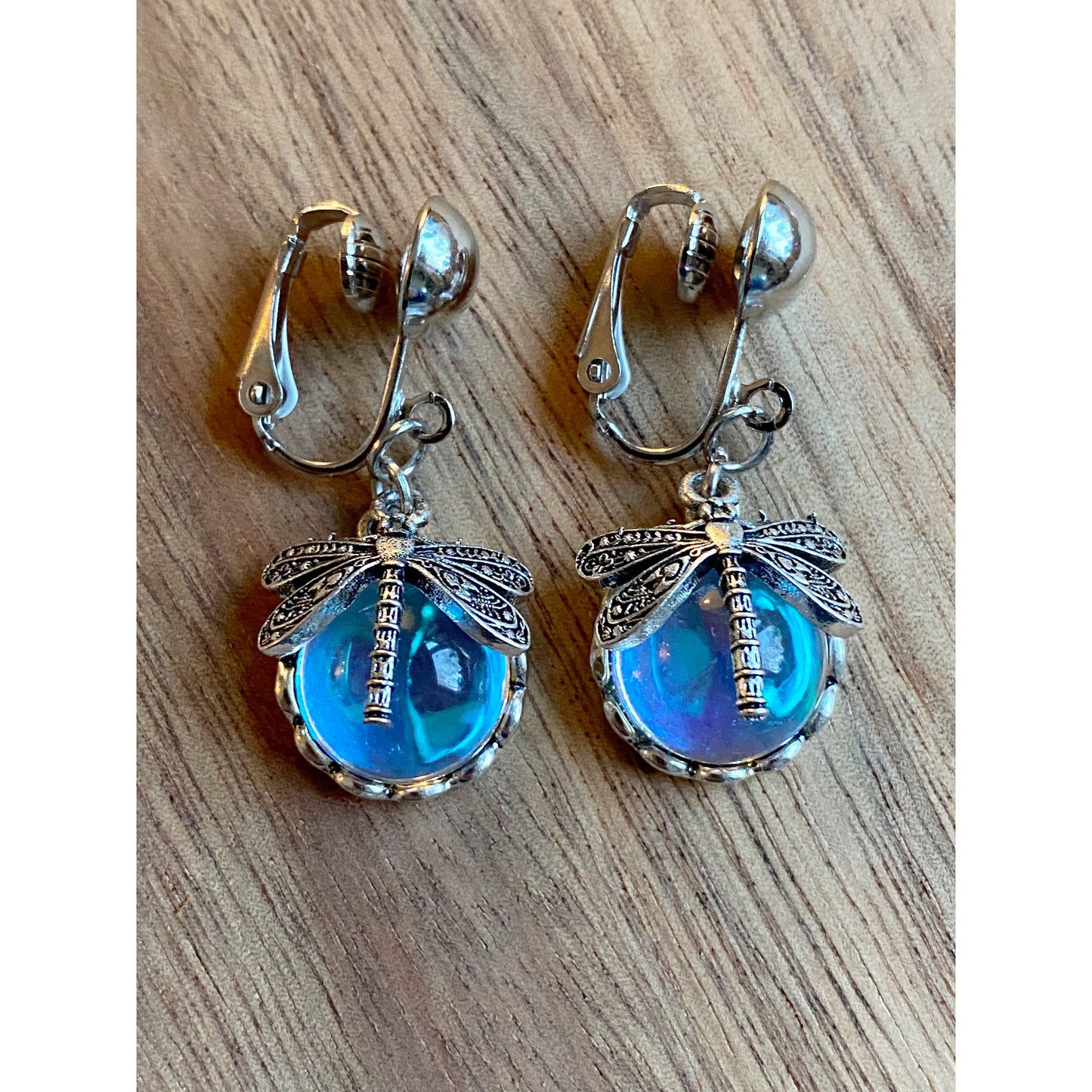 Dangling golden dragonfly clip on earrings,  hinged glass boho dragonflies