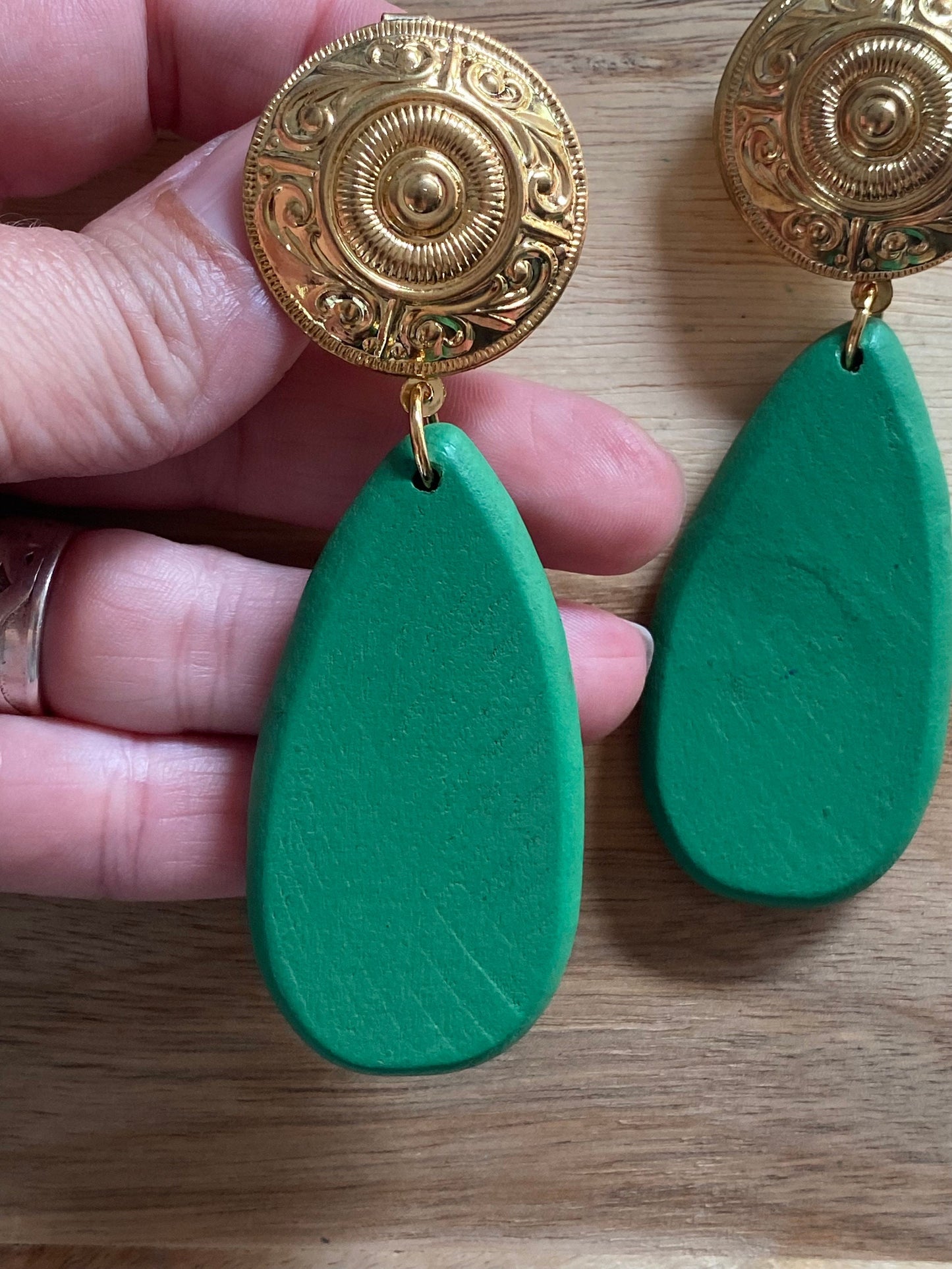 Dangling queen sized green clip on earrings, dramatic clip on earrings