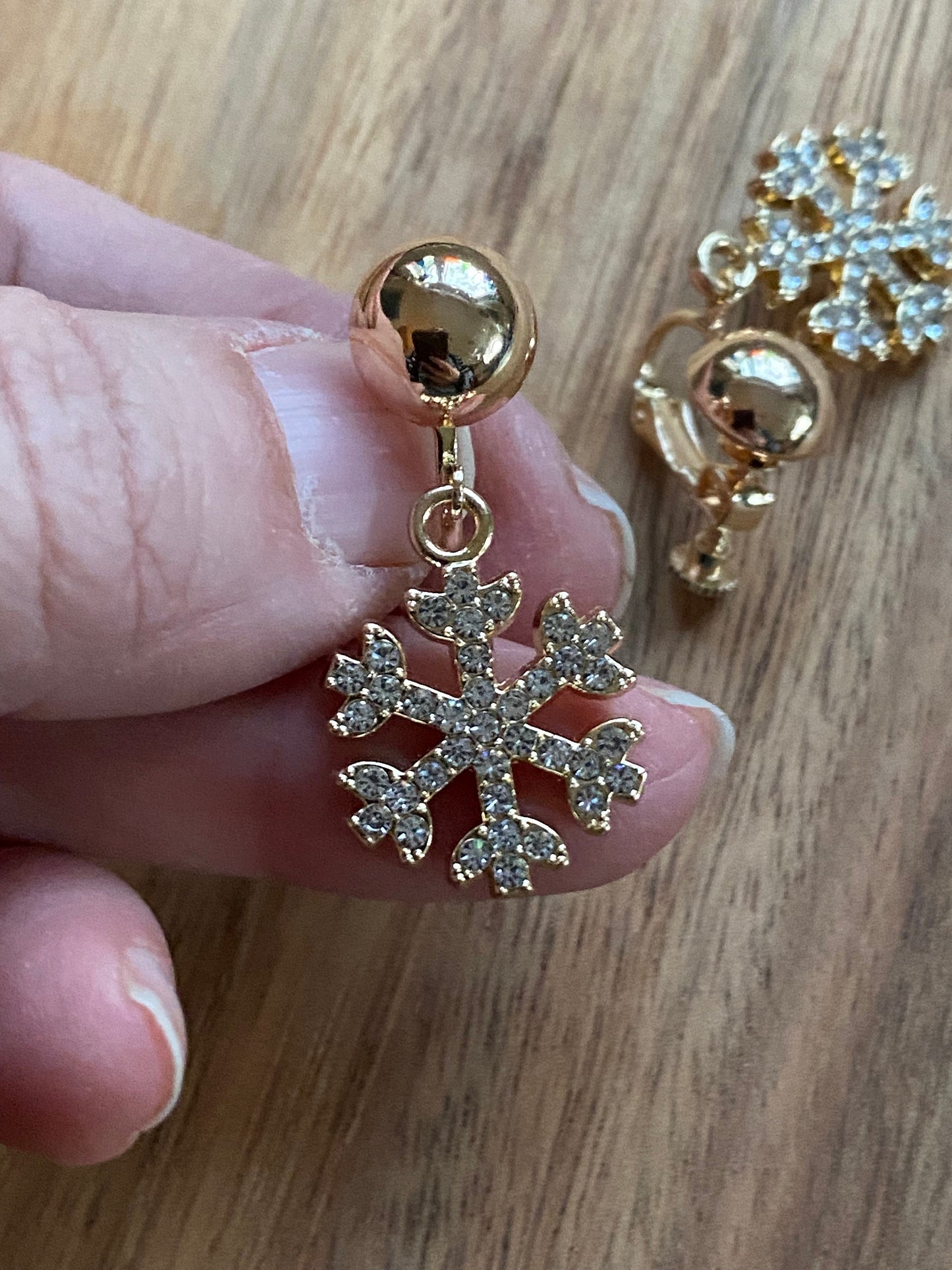 Dangling Christmas rhinestone snowflake clip on earrings, hinged screwback dangle winter earrings for unpierced ears