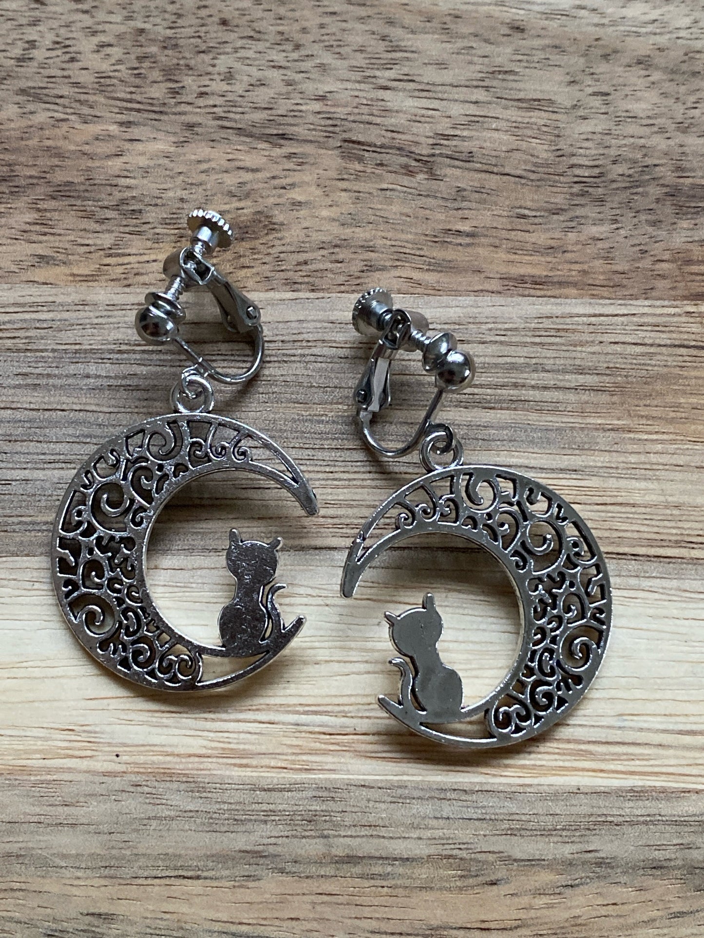 Dangling silver moon and kitten clip on earrings, hinged screwback earrings