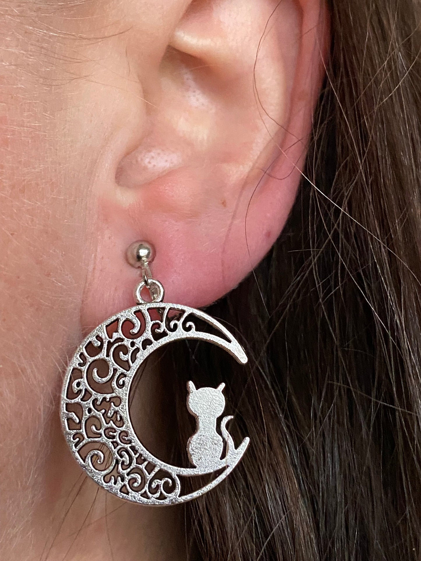 Dangling silver moon and kitten clip on earrings, hinged screwback earrings