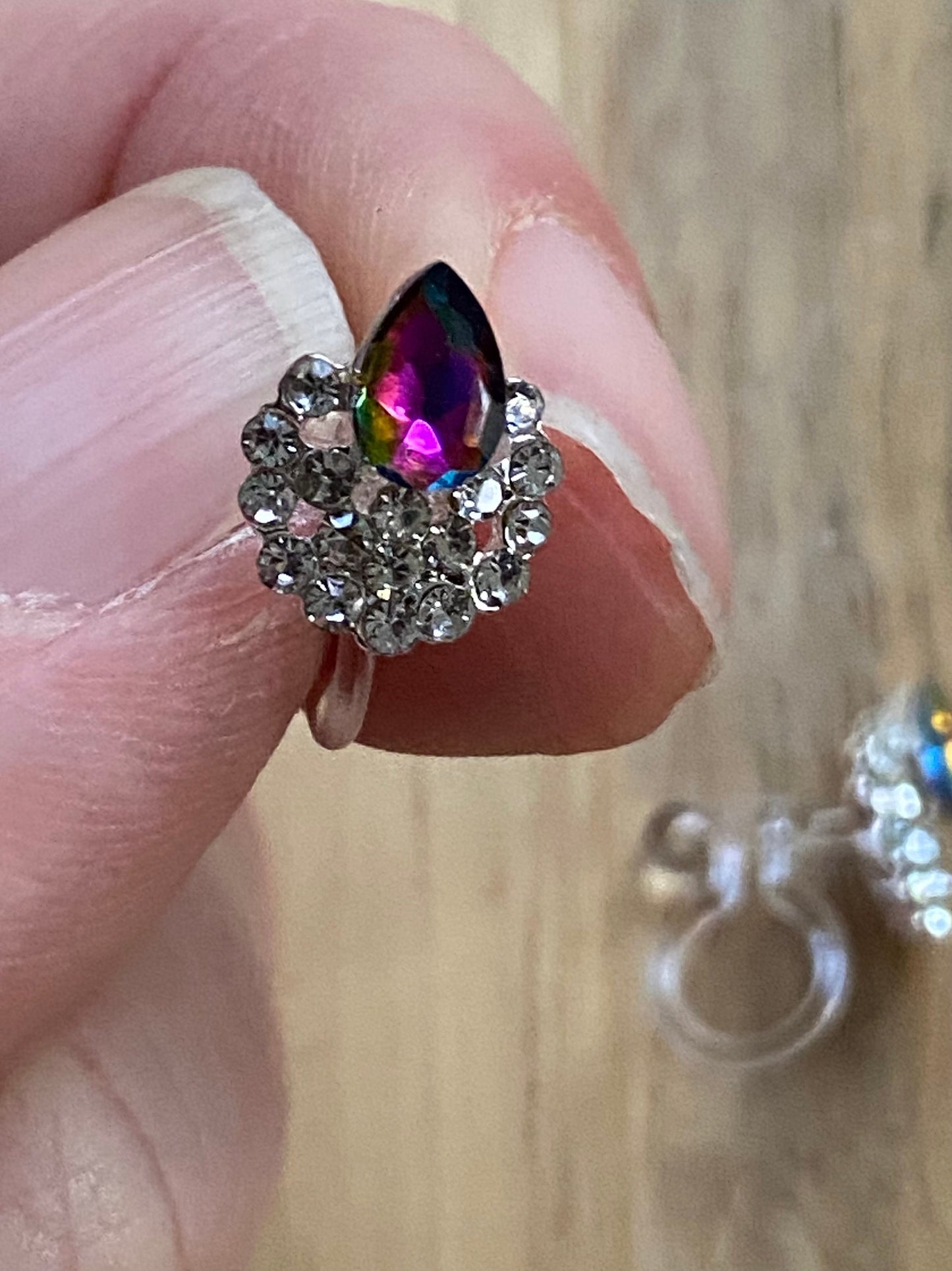 Tiniest purple teardrop rhinestone invisible clip on earrings, sparkling stud ear clips