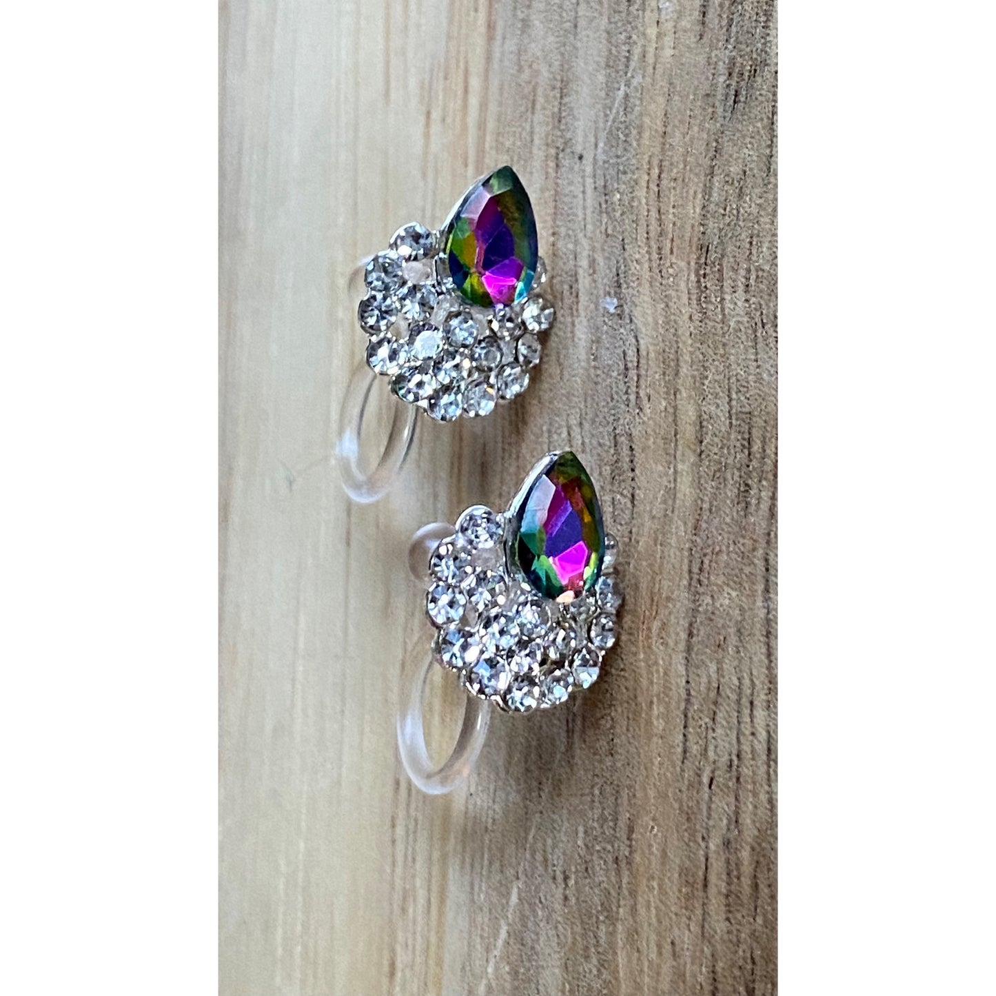 Tiniest purple teardrop rhinestone invisible clip on earrings, sparkling stud ear clips