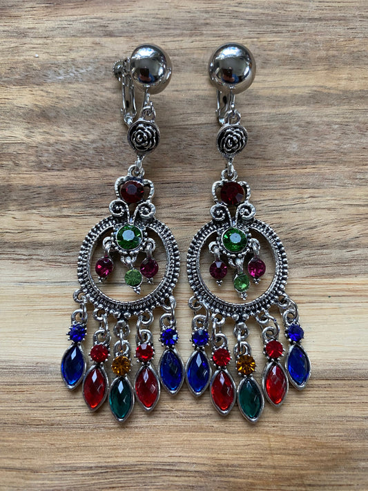 silvertone dangling multicoloured rhinestone clip on earrings