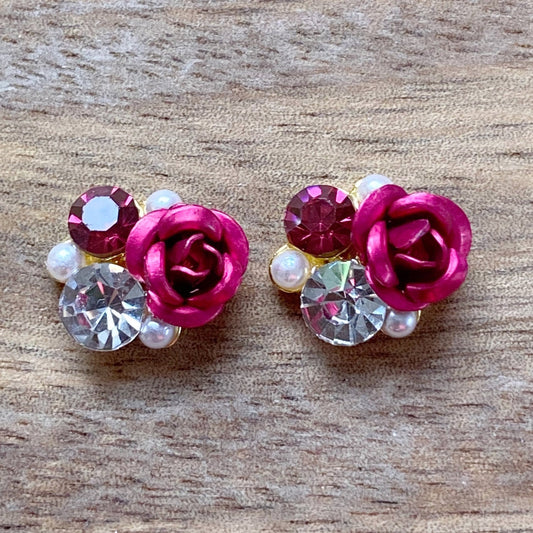 tiny rose and rhinestone clip on earrings, invisible clip on earrings