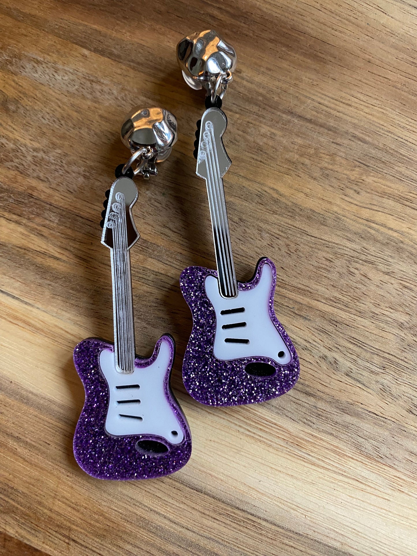 Dangling oversized glitter electric guitar clip on earrings, plastic musical instrument clip on earrings