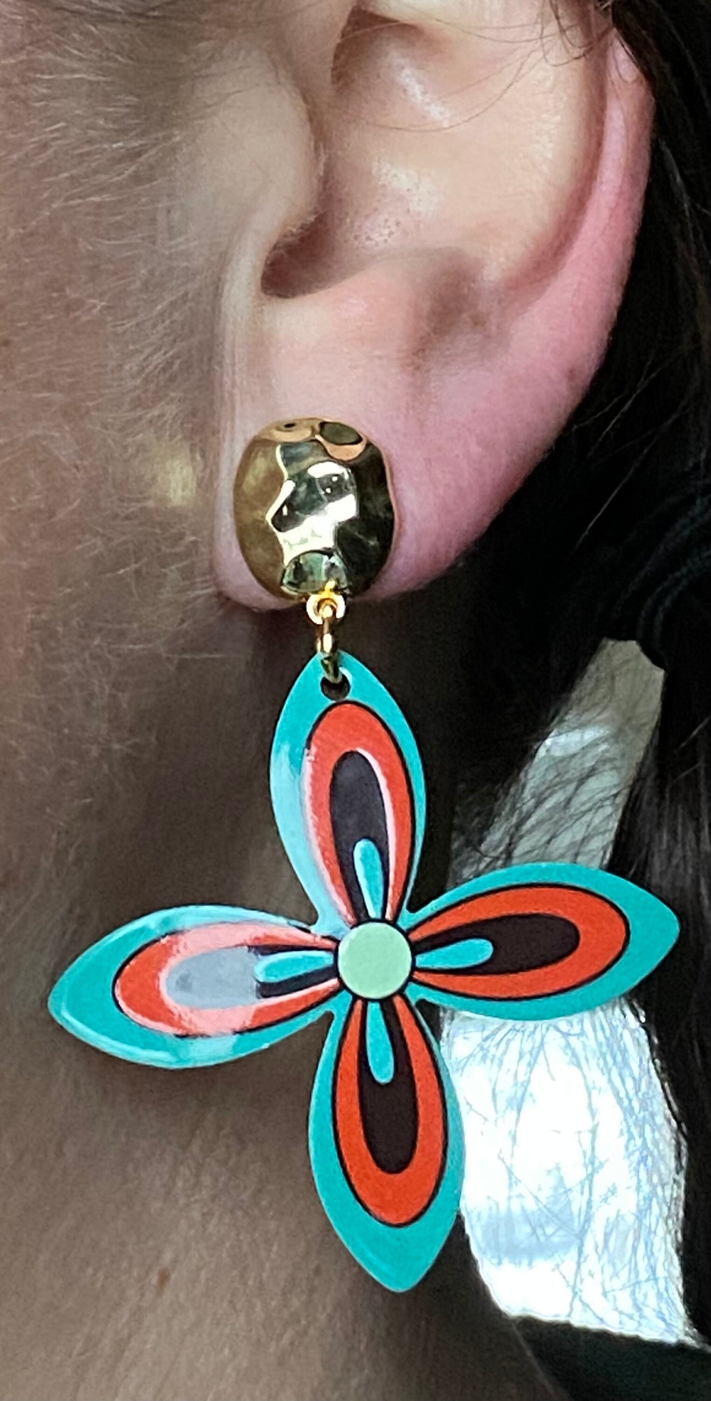 Dangling clip on earrings turquoise and orange flowers