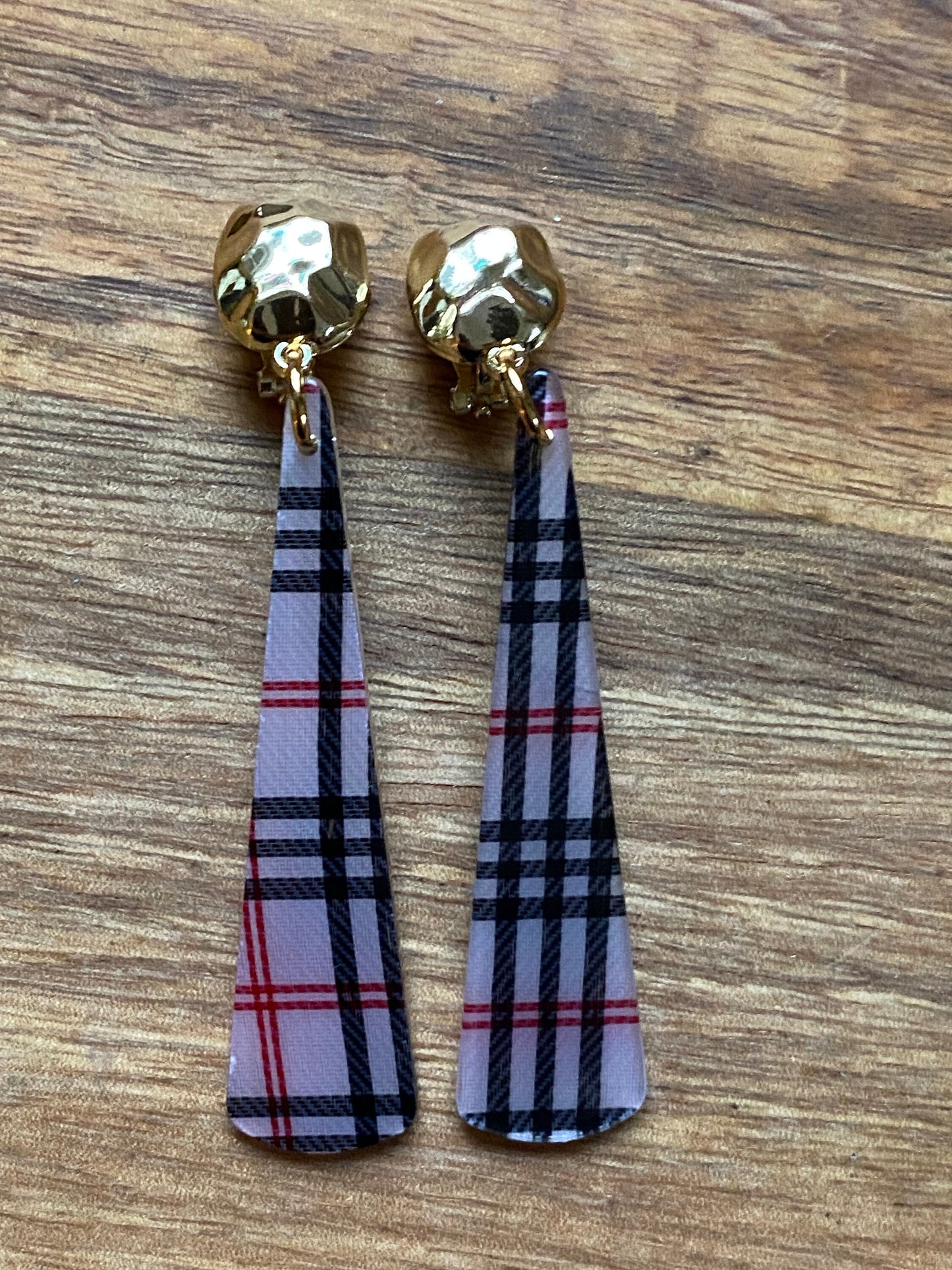 Modern clip on dangling earrings, plaid earrings, animal print earrings