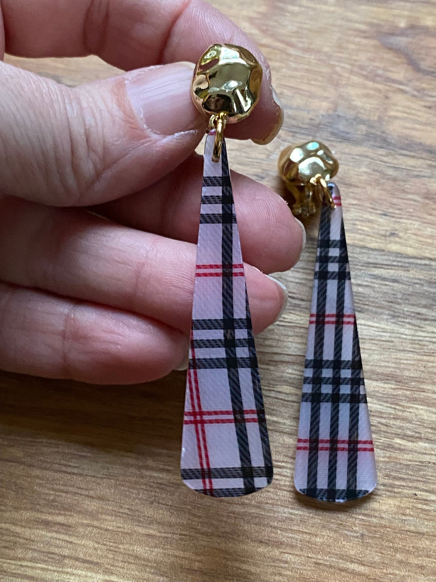 Modern clip on dangling earrings, plaid earrings, animal print earrings