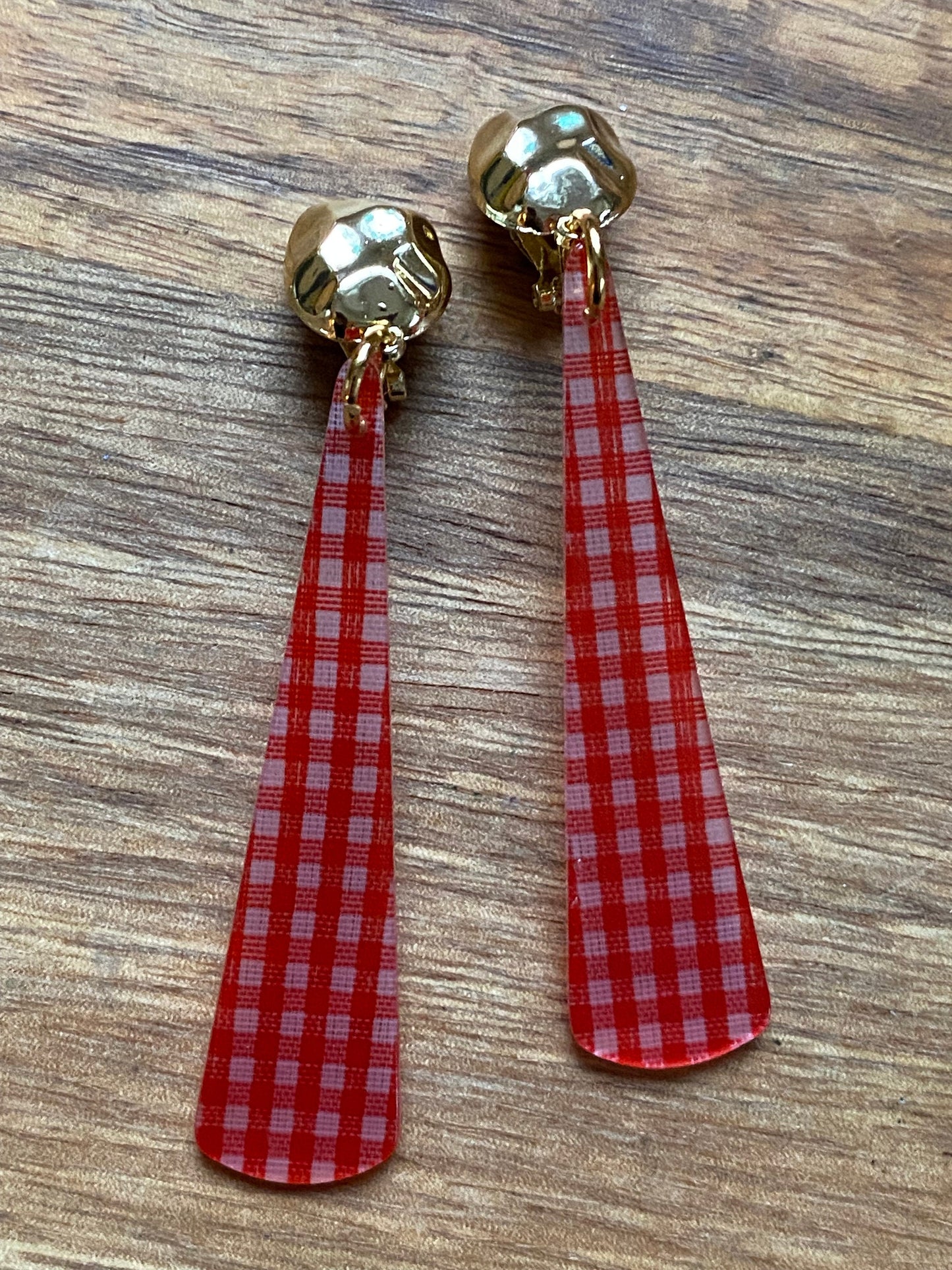 Modern clip on dangling earrings, plaid earrings, animal print earrings