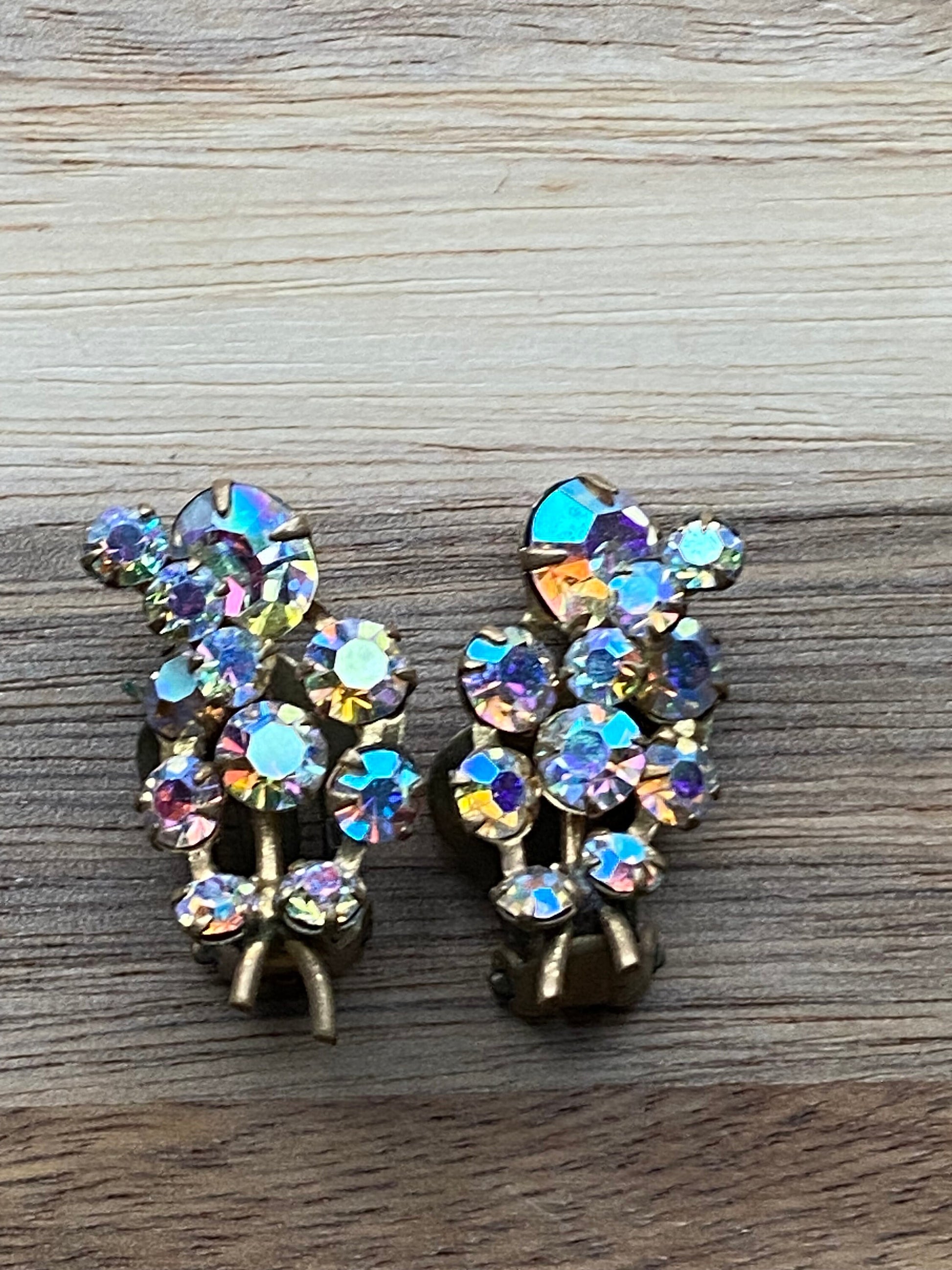 Vintage AB rhinestone clip on earrings