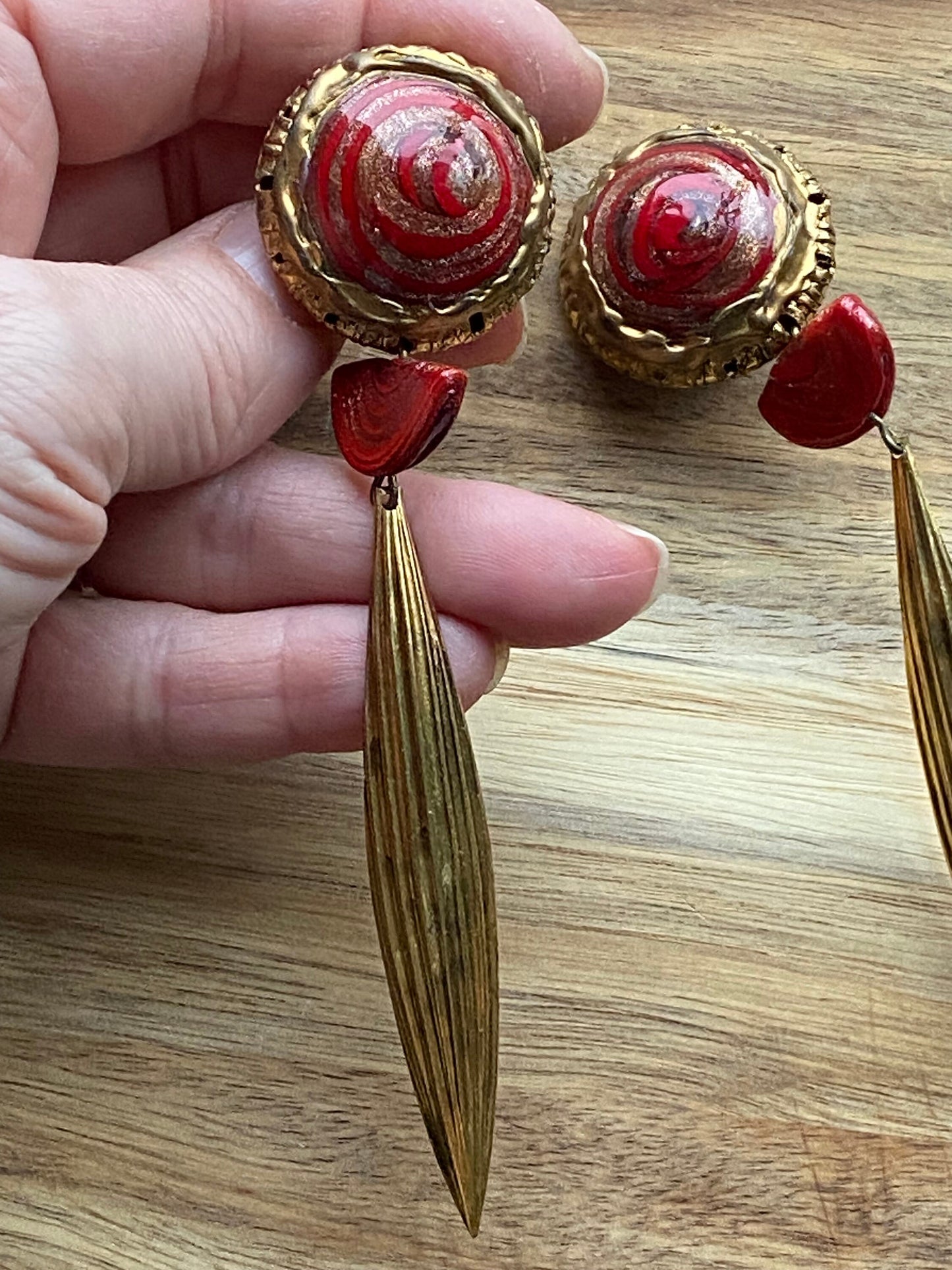 Queen size vintage clip on earrings with large red cabochons and and black dangling pendants