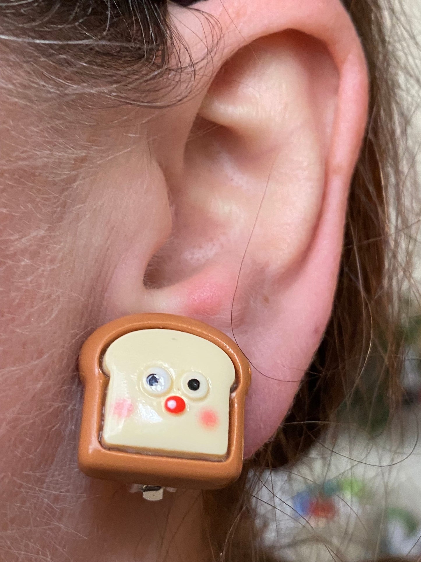 Asymmetrical breakfast clip on earrings, kawaii  eggs and toast with clip closures.