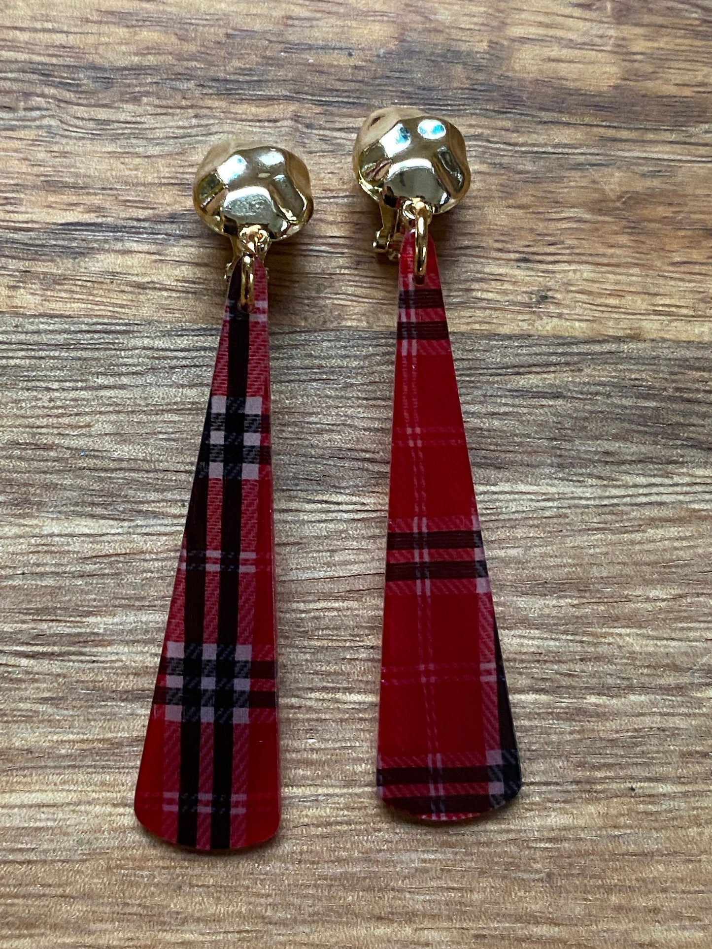 Modern clip on dangling earrings, plaid earrings, animal print earrings