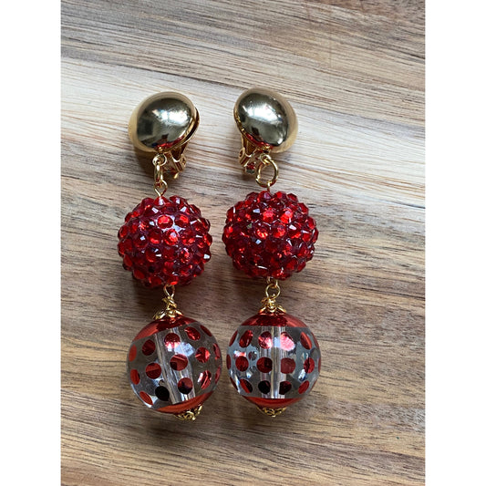 Dangling boho clip on earrings, dangling red chunky beaded earrings