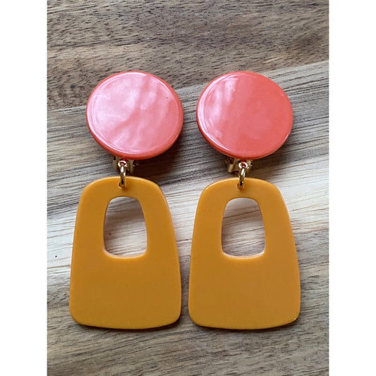 Trendy dangling drop hoop clip on earrings, dangling handmade geometric earrings, colourful clip on earrings for unpierced ears