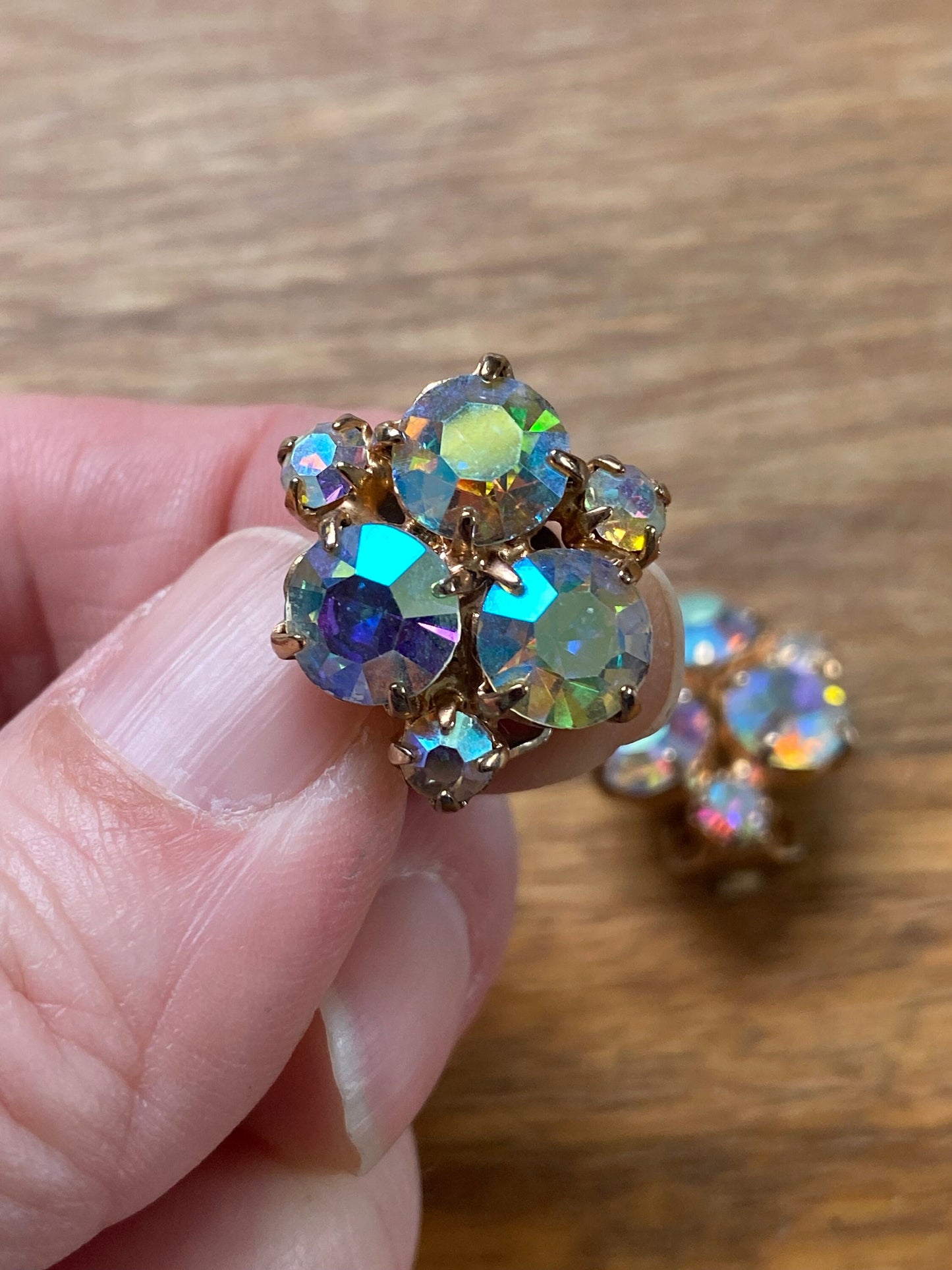 Vintage clip on iridescent rhinestone cluster  earrings,  ab rhinestone earrings